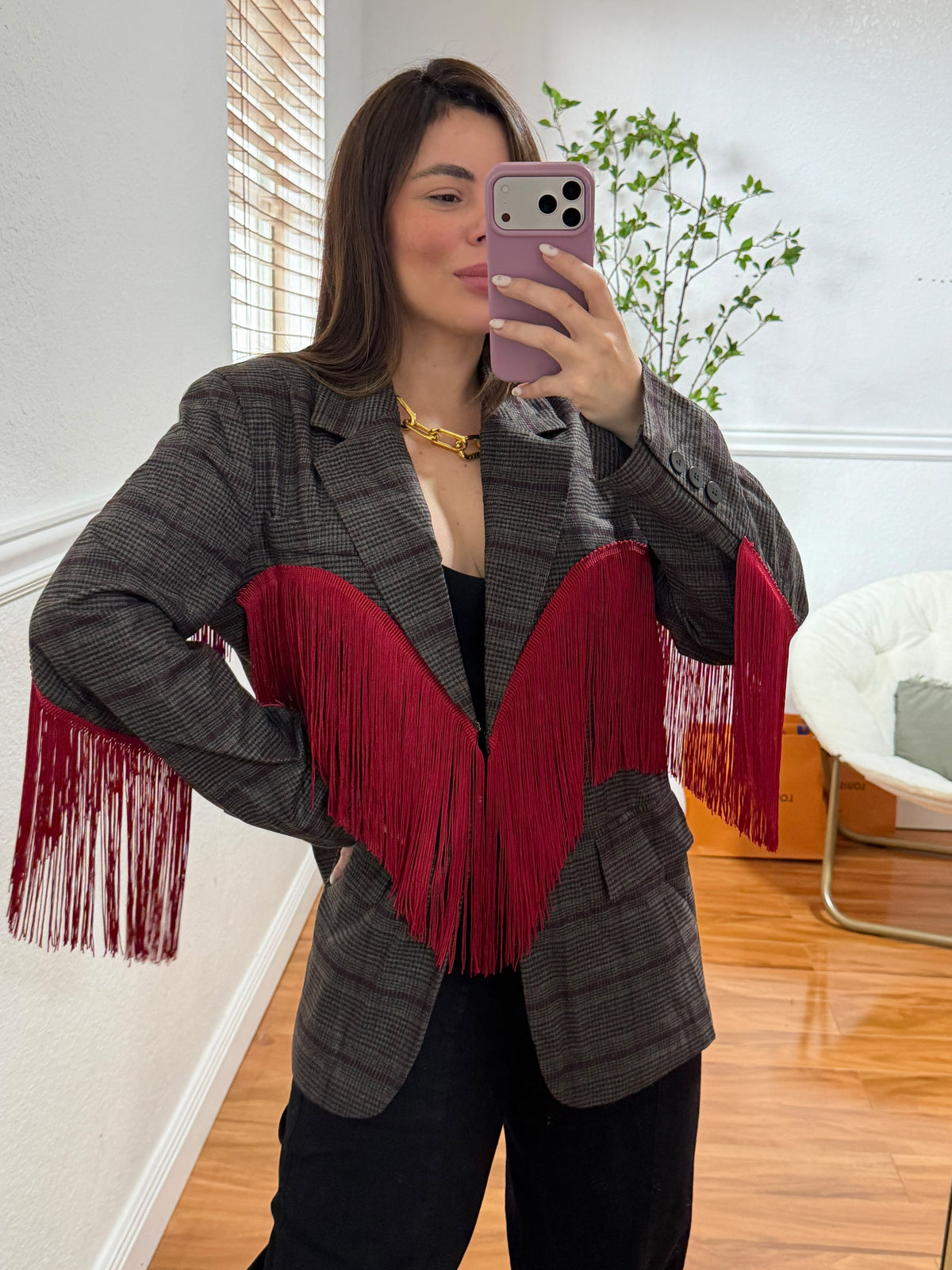 Plaid & Fringe Blazer