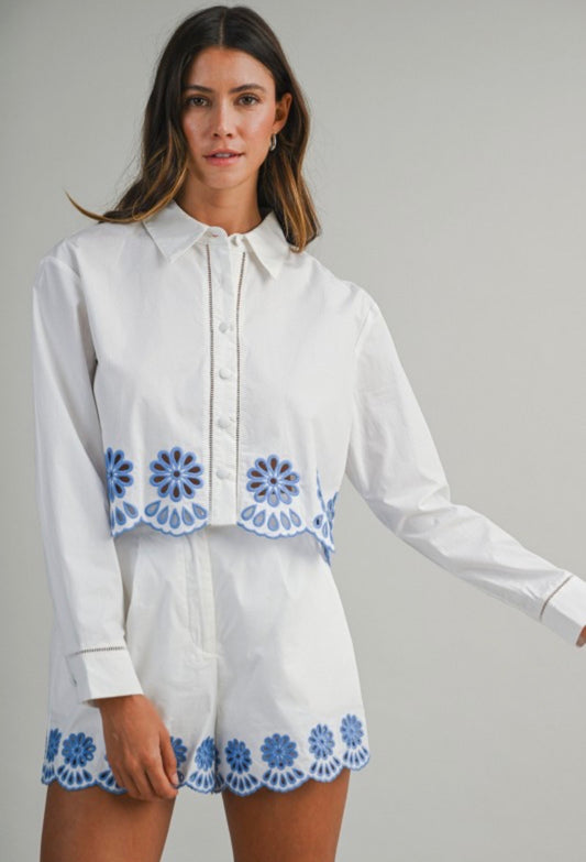 Embroidery blue short set