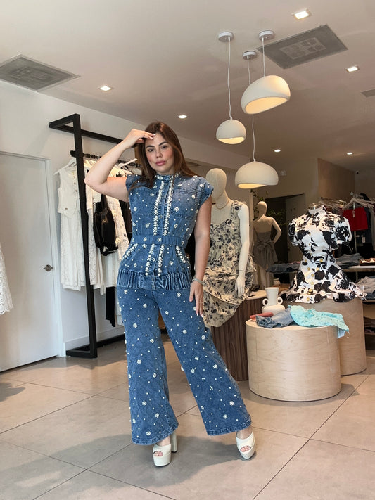 coral denim set