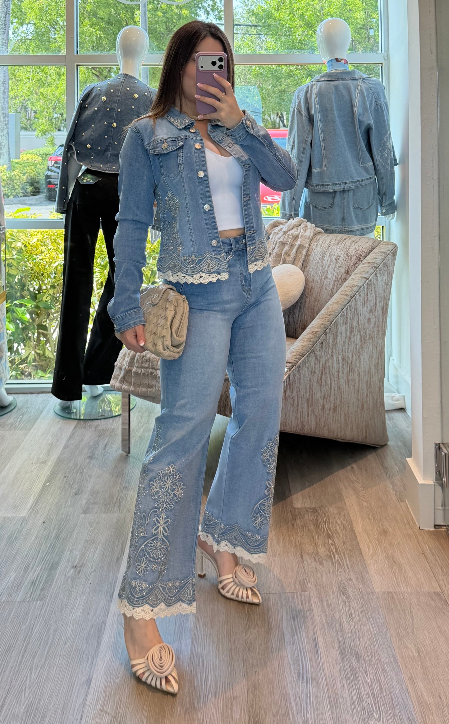 Embroidery denim jacket set