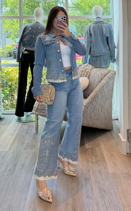 Embroidery denim jacket set