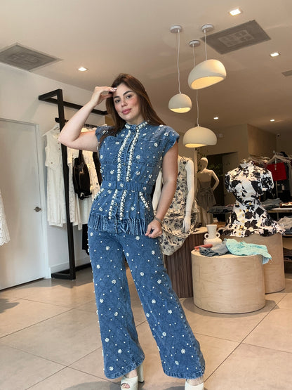 coral denim set