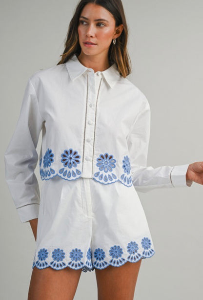 Embroidery blue short set