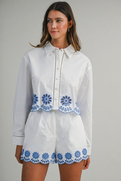 Embroidery blue short set