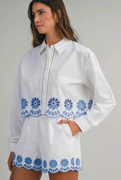Embroidery blue short set