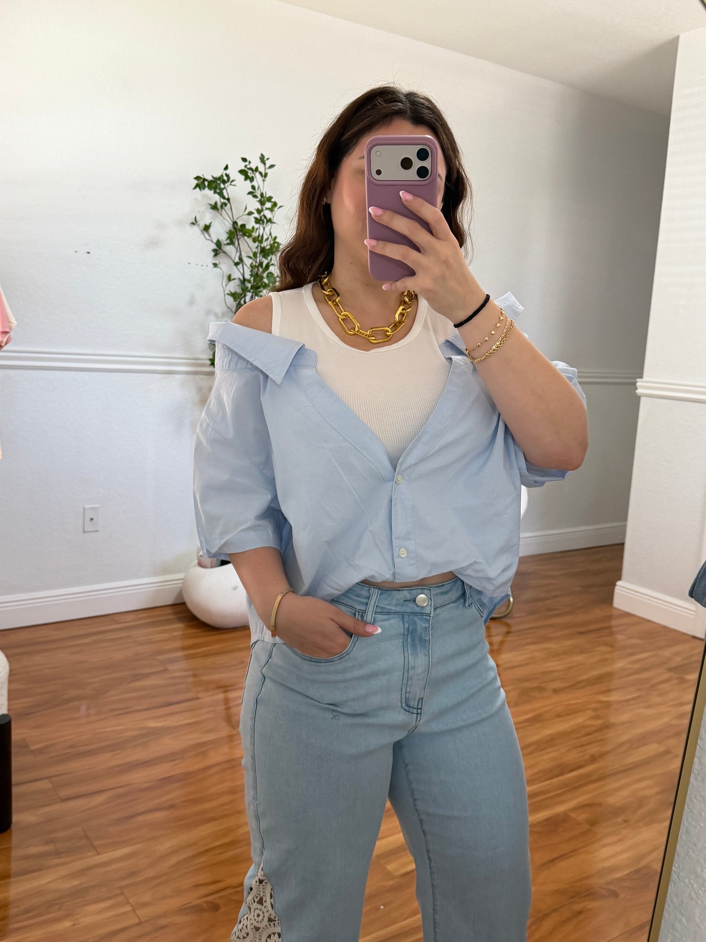 White and blue top